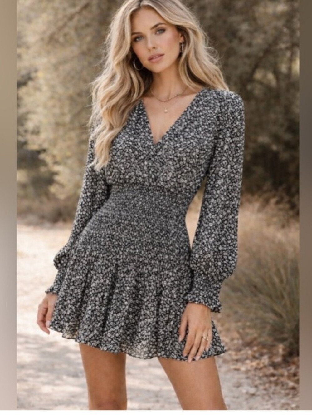 Lea & Viola Black Floral Smocked Waist Long-Sleeve Mini Dress